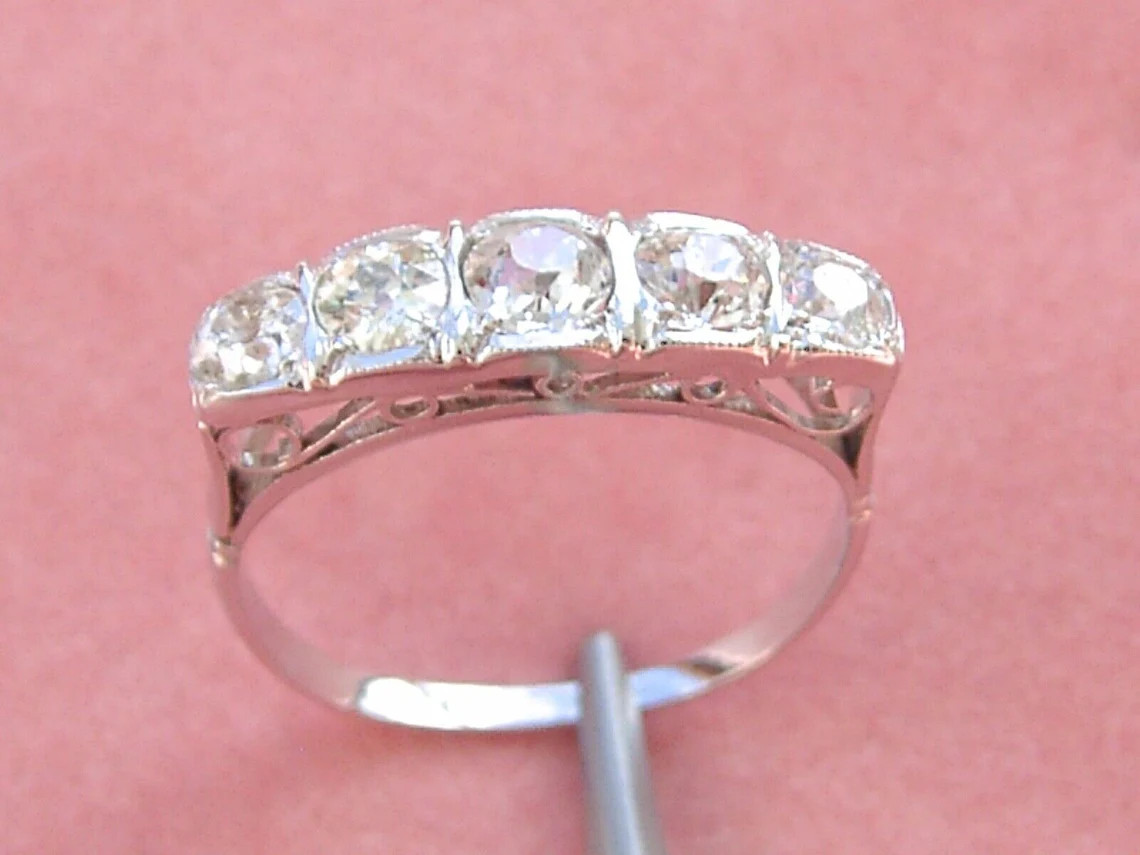 Five Stone 1 CTW White Round Simulated Diamond Antique Art Deco 925 Silver Ring