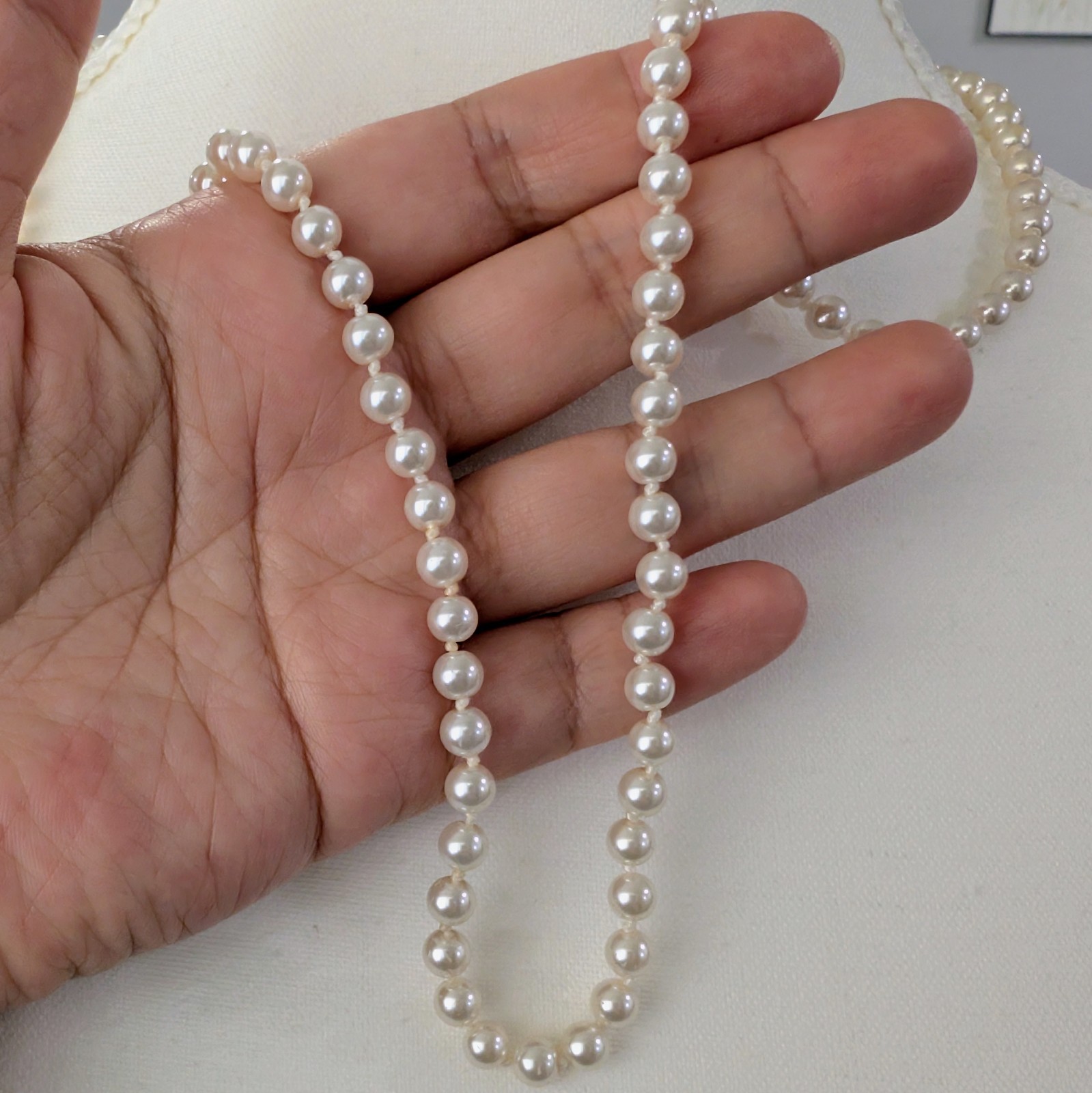 Vintage Glass Pearl Knotted Single Strand + Fish Hook Clasp Necklace 30″