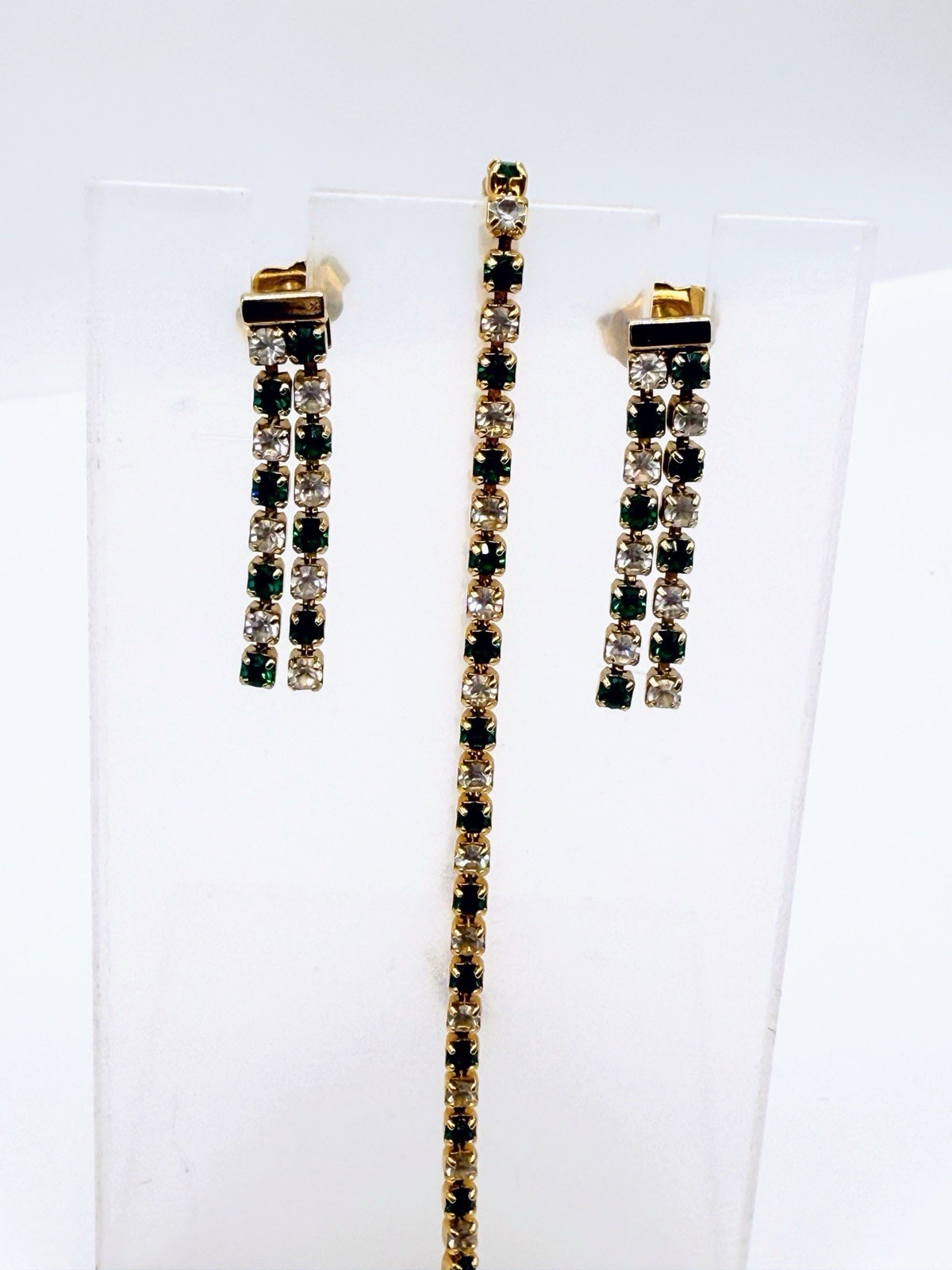 Vintage Emerald Green And Clear Rhinestone Braclet And Earrings Gold Tone 181