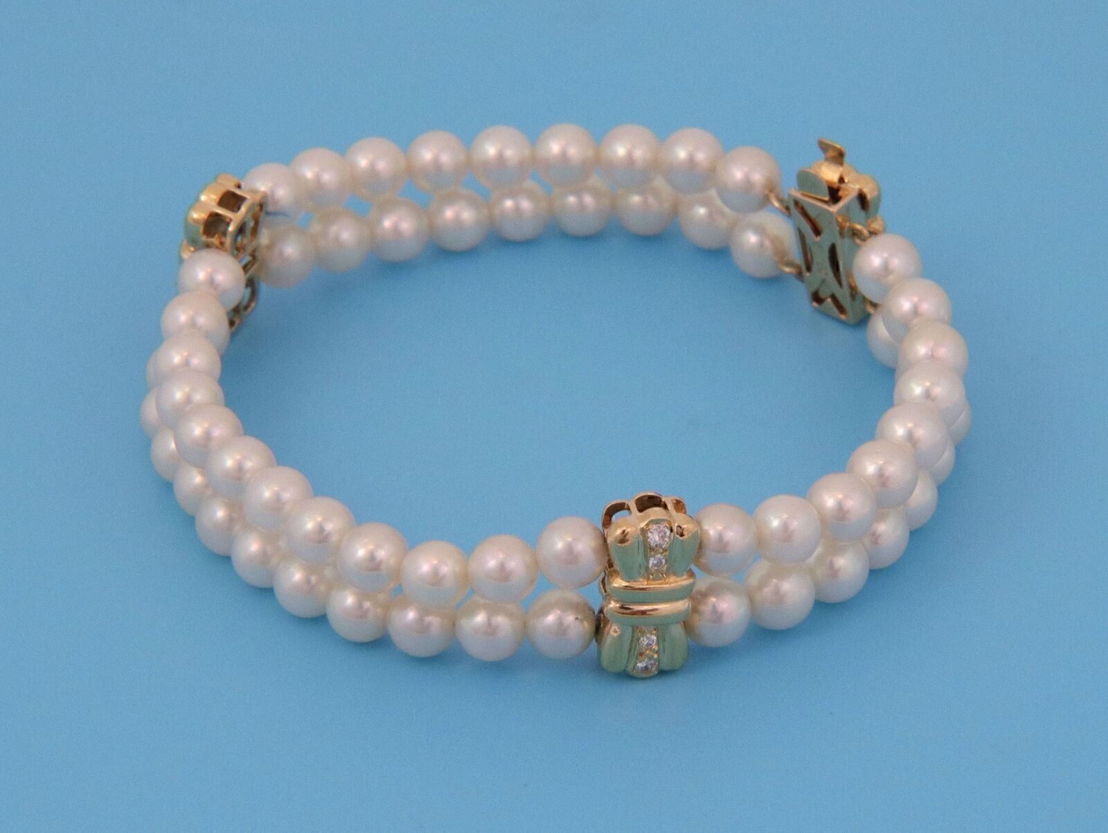 Mikimoto Pearl & Diamond 18k Yellow Gold Bow Motif Two Strand Bracelet