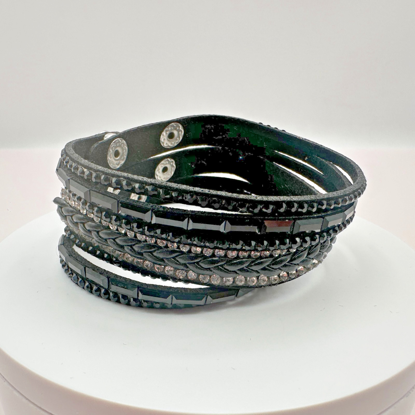 Vintage Y2K Black Leather Glass Rhinestone Wrap Bracelet Silver Tone Jewelry