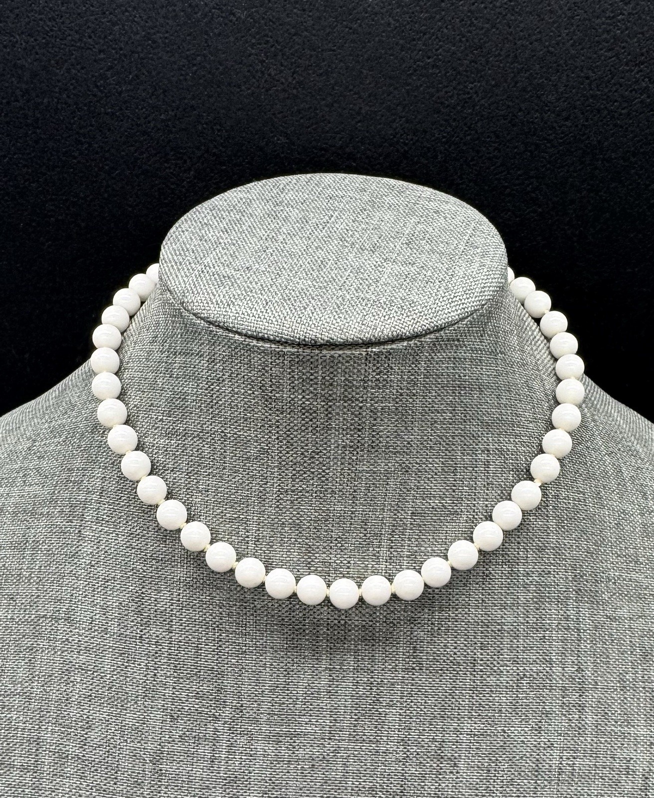 White Glass Single Strand Beaded Necklace Hand Knot 16” ~ Vintage Japan