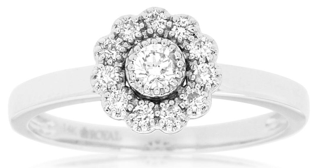 0.26CT DIAMOND 14KT WHITE GOLD 3D ROUND FILIGREE MILGRAIN FLOWER ENGAGEMENT RING
