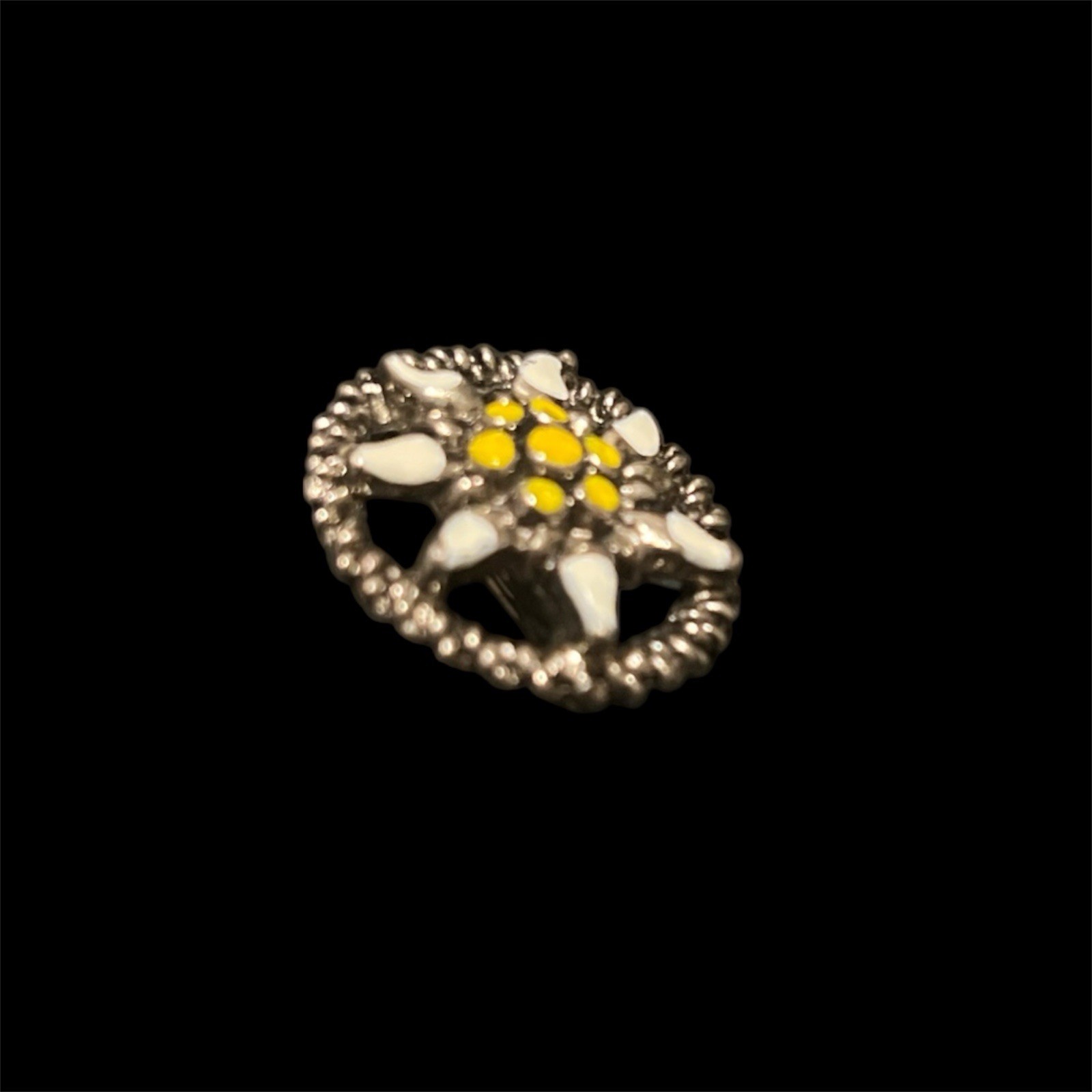 Vtg Small Round Eddeiss Brooch Pin Pewter Tone Yellow White Painted Enamel