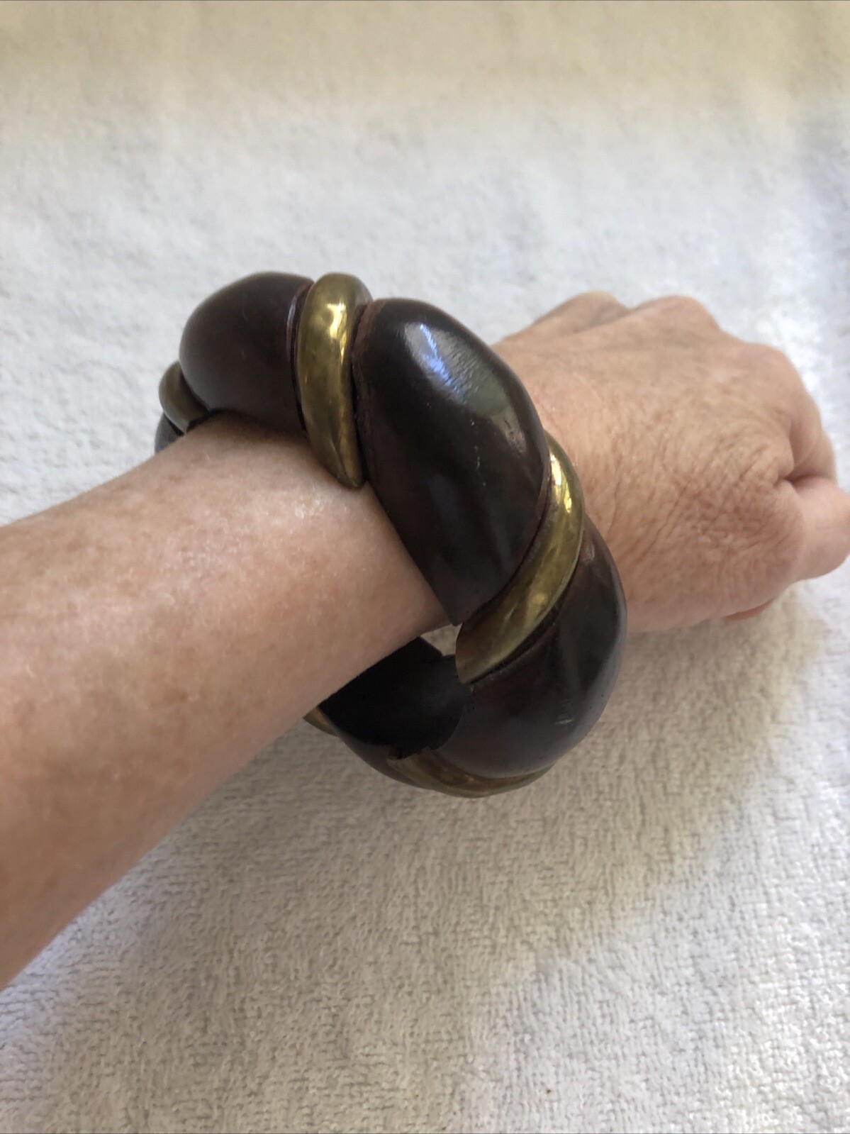Vintage 1960’s Dark Brown Wooden Bangle with Gold Tone Metal Inlay Bracelet