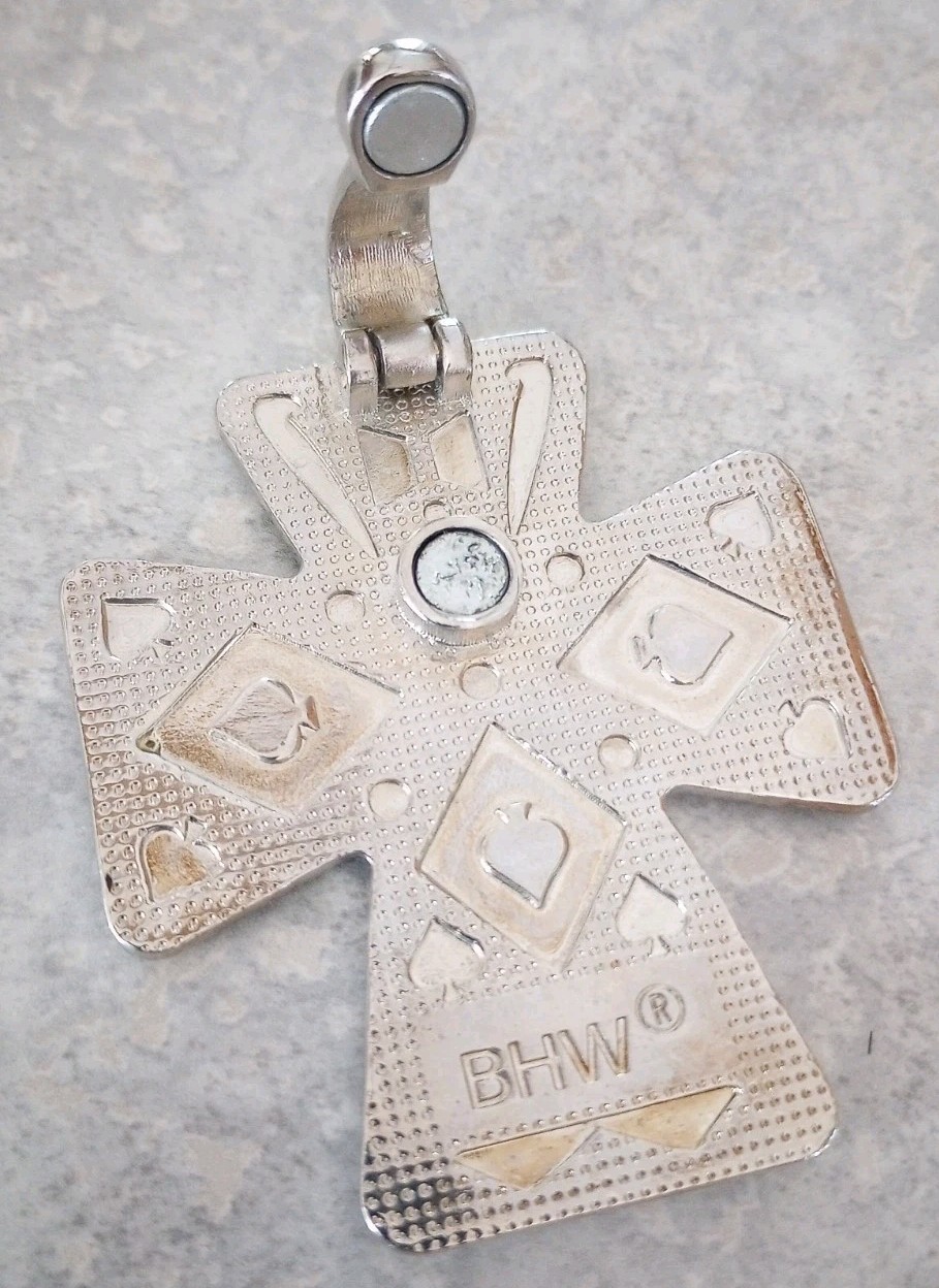 BHW Concho Rhinestone Silver Tone Large Cross Pendant 2.25″ with Magnetic Clasp