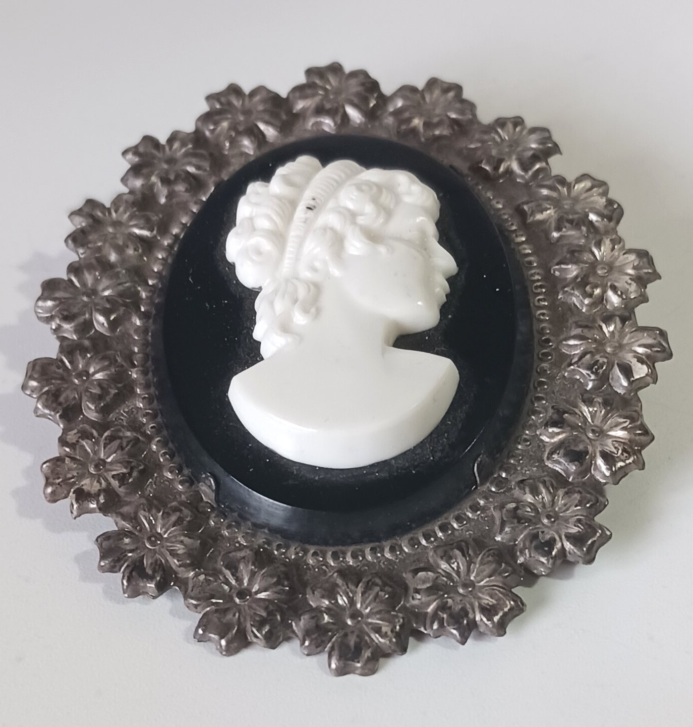 Vintage Celluloid Black, White & Silver Floral Cameo Portrait Brooch