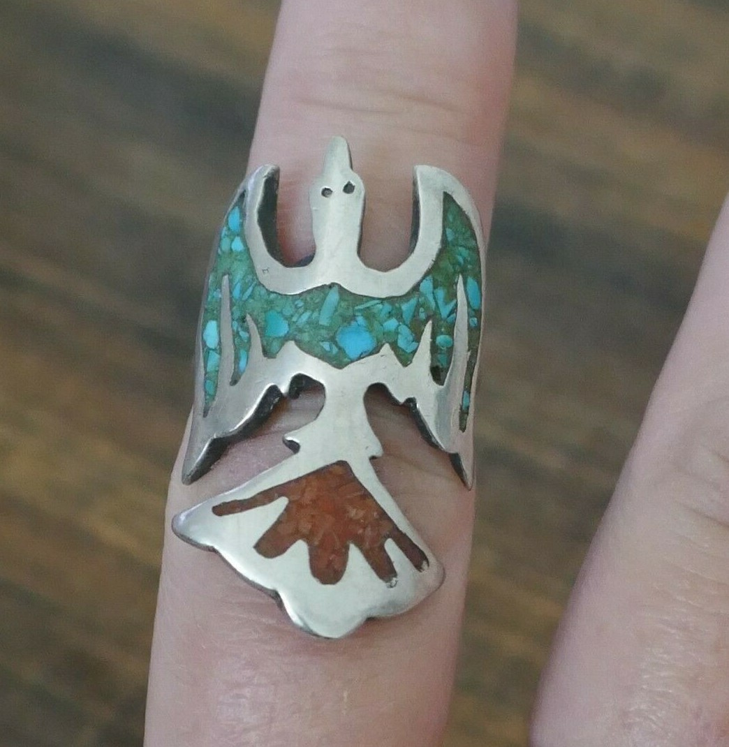 Vintage Southwest Sterling Turquoise & Coral Ring – Size 4.25 / 6.8 Grams