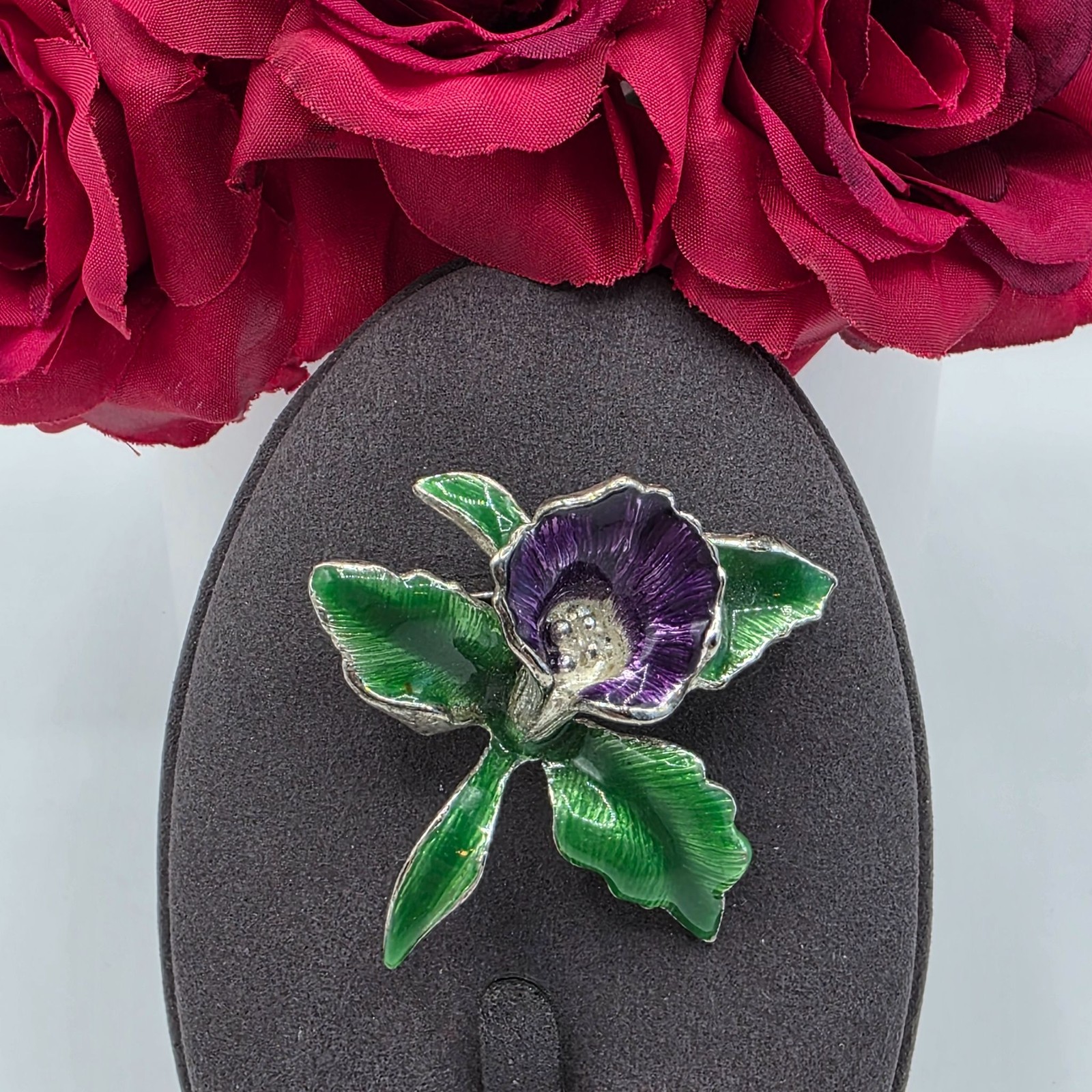 Vintage Enamel Orchid Brooch Silver Tone Floral Pin Purple Green Rhinestone