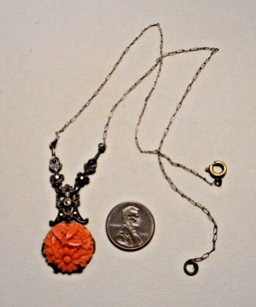 1920s Art Deco Czech? Faux Carved Coral Glass & Marcasite Pendant Necklace 16″