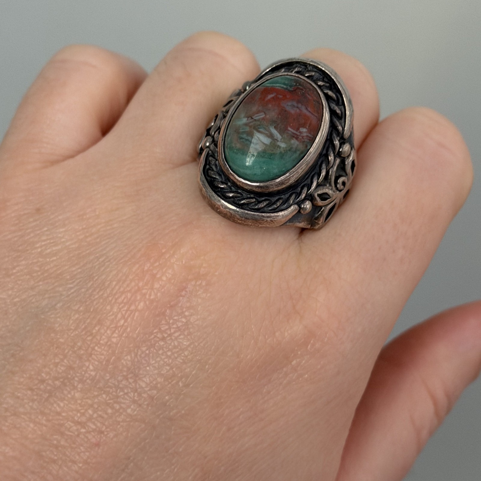 Vintage 925 Sterling Silver Big Bloodstone Southwest Chunky Heavy Ring Sz 10.25