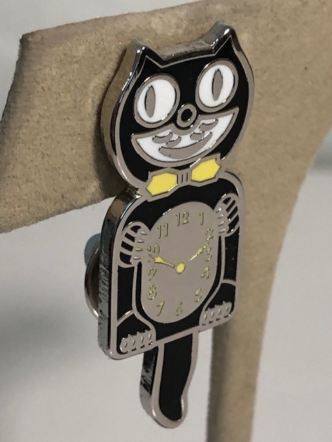 Black Kit Kat Clock Enamel Metal Tac Pin Brooch Image of Flash of the Past Clock