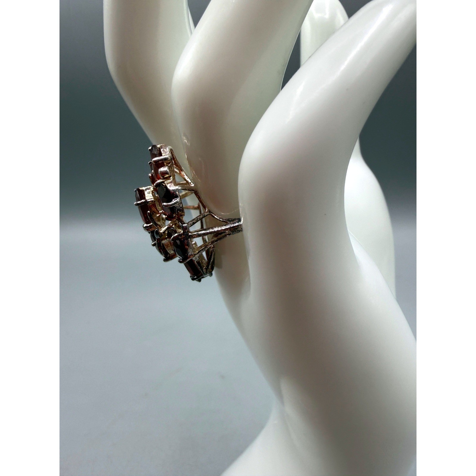 Vtg 925 Sterling Silver Garnet Floral Cluster Statement Cocktail Ring Sz 7.75