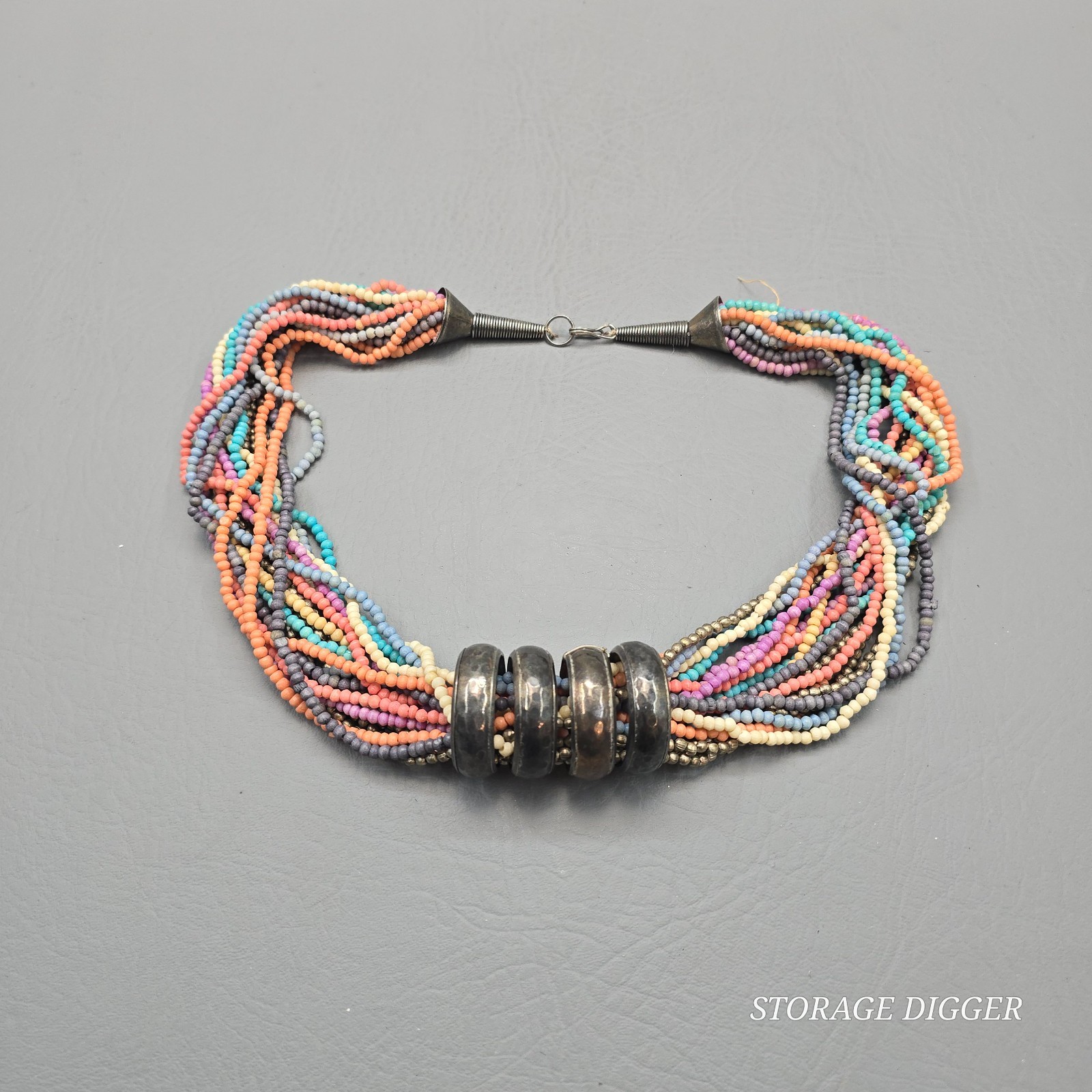 Vintage 19 Strand Multicolor Glass Beaded with Big Metal Rings Necklace 24″ Long