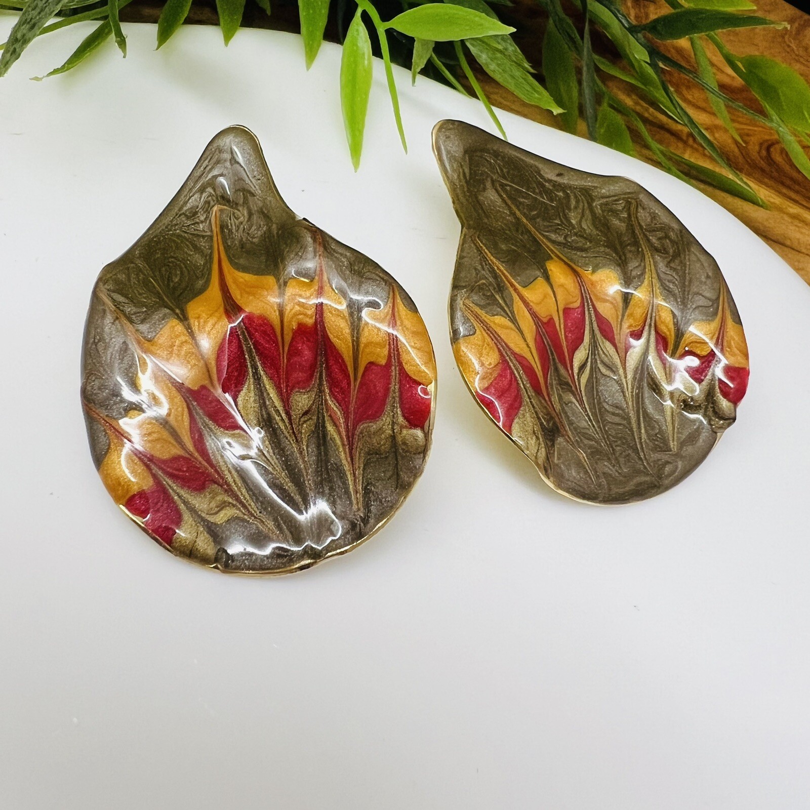 Vintage Huge Earrings Enamel Abstract Gold Green Red Yellow Flame Oversized 4001