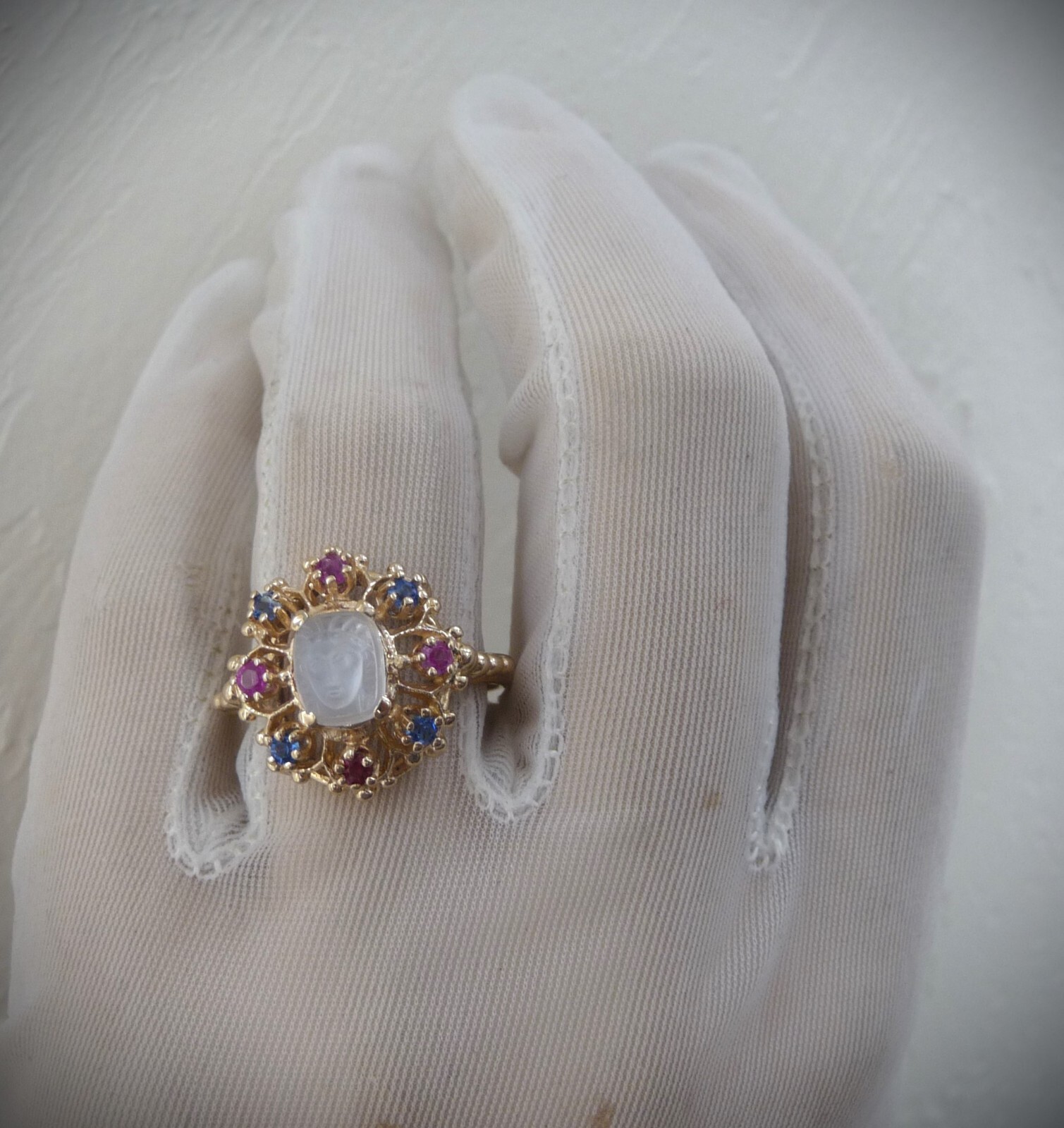 AMAZING RARE VINTAGE 14K ETRUSCAN MEDUSA MOONSTONE RUBY SAPPHIRE HALO RING!