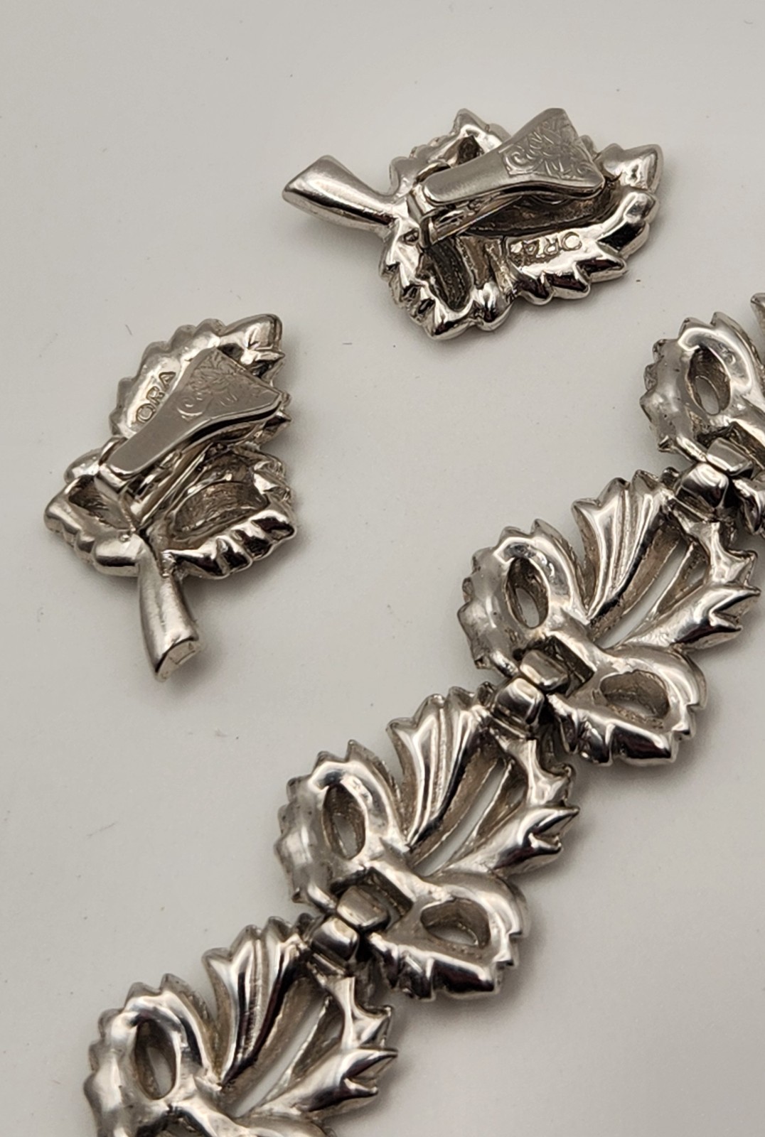 Vintage ORA Rhinestone Bracelet Clip Earrings Set Signed Silver Tone Bridal Glam