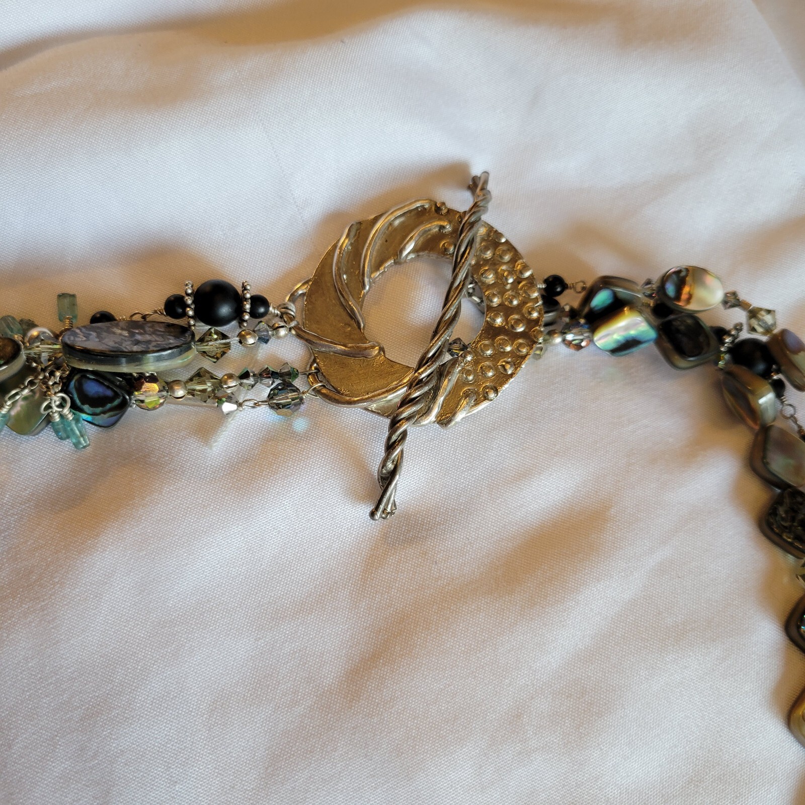 Vtg Lava Rock Mother of Pearl MOP Multi Strand Statement Necklace Signed Bob