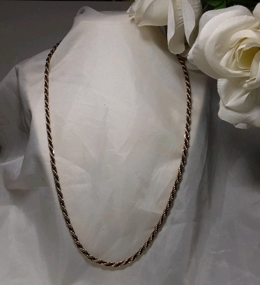 Necklace Gold Tone Metal & Blackish Tread Twisted 24″ Vintage Jewerly