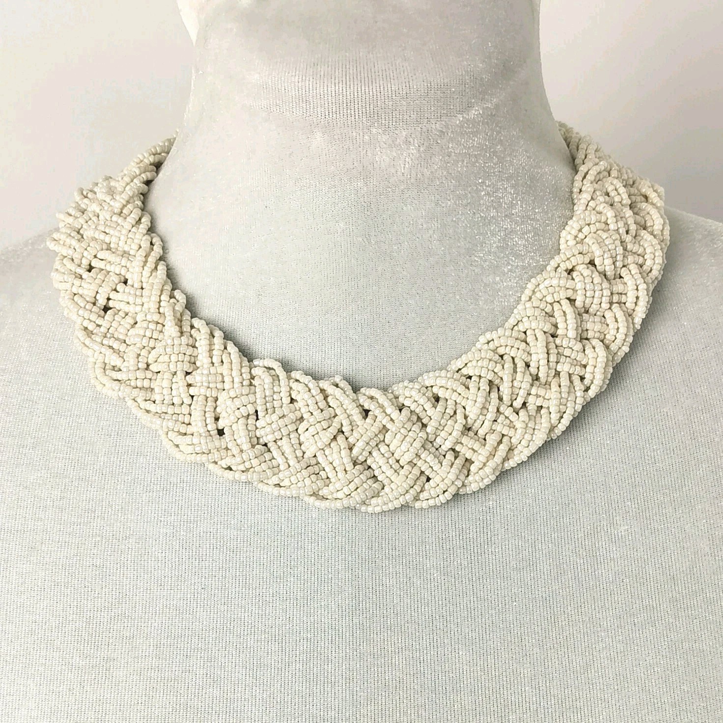 60s – 80s Vintage Braided Off White / Cream Chunky Seed Bead Necklace Est 18″