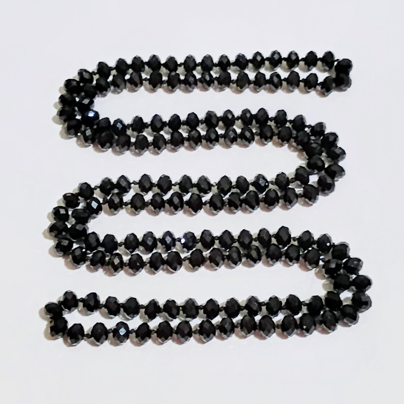 Vintage Jet Black Crystal Bead Necklace Hand Knotted 47 Long Single Strand