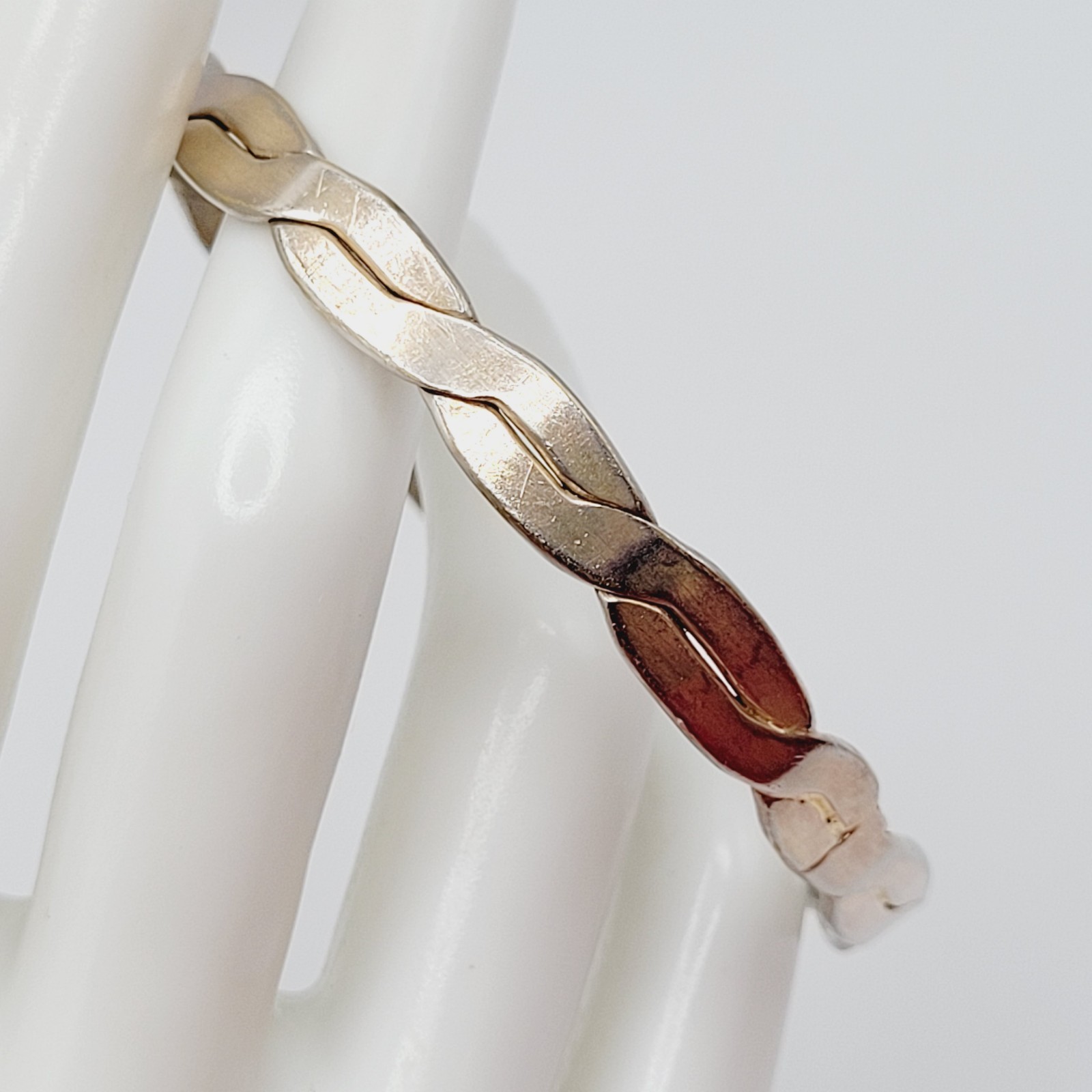 Vintage Mexico Metal Flat Braid Worn Silver Tone Brass Bangle Bracelet 8 Inch
