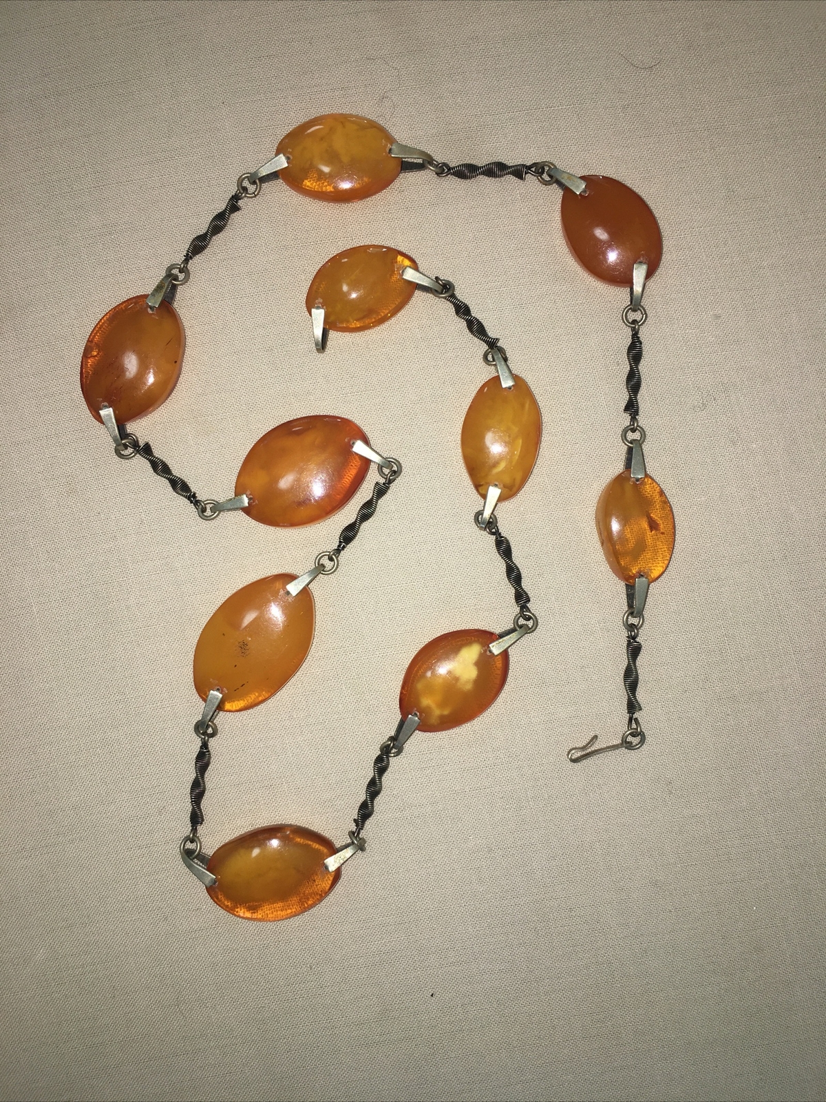 ANTIQUE AMBER NECKLACE BUTTERSCOTCH + SILVER CHAIN STAMPED 9RK
