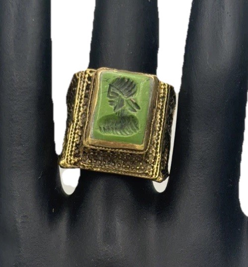Old World Style Intaglio Ring – Green Engraved Stone, Ornate Scrollwork Band