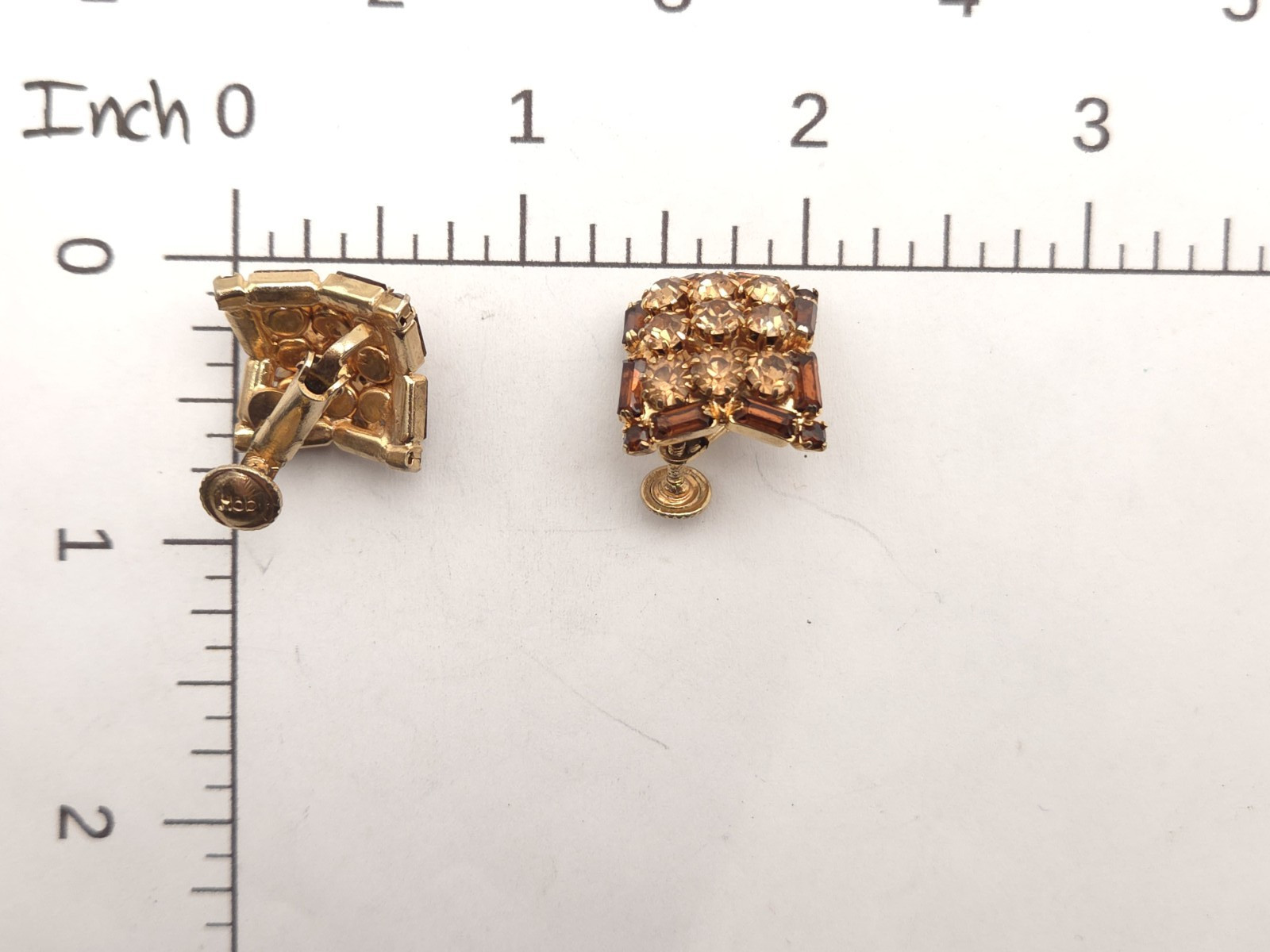 Vintage Hobe Signed Gold Tone Brown Rhinestone Adjustable Clip On Earrings
