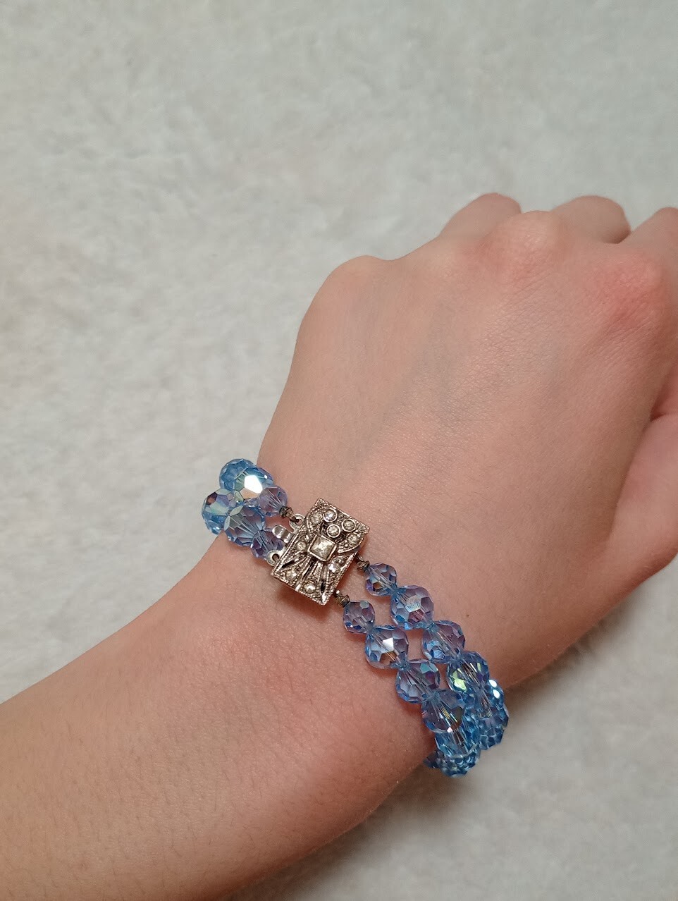 Vintage Beaded Bracelet 2 Strand Blue Glass/Crystal Beads Fancy Box Tab Clasp