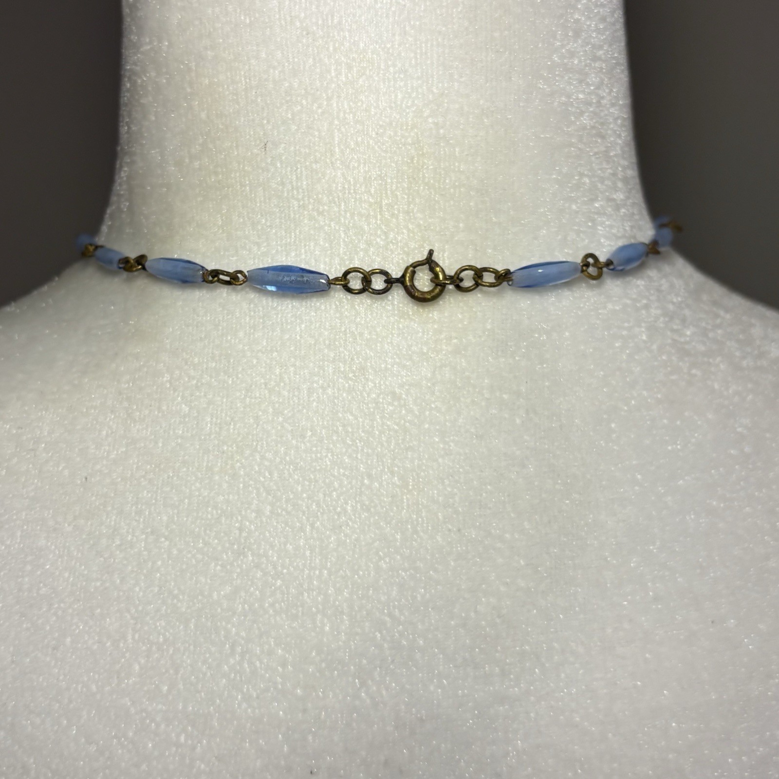 Vtg Czech Art Deco Brass Filigree Sapphire Blue Glass Fringe Festoon Necklace