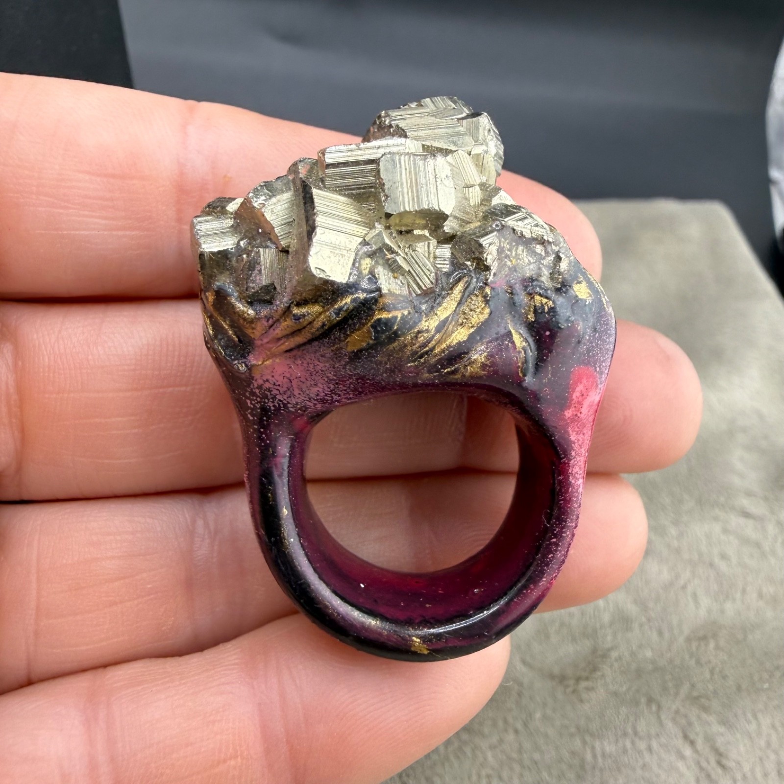 Vintage Pyrite Crystal Cluster Ring Acrylic Size 7