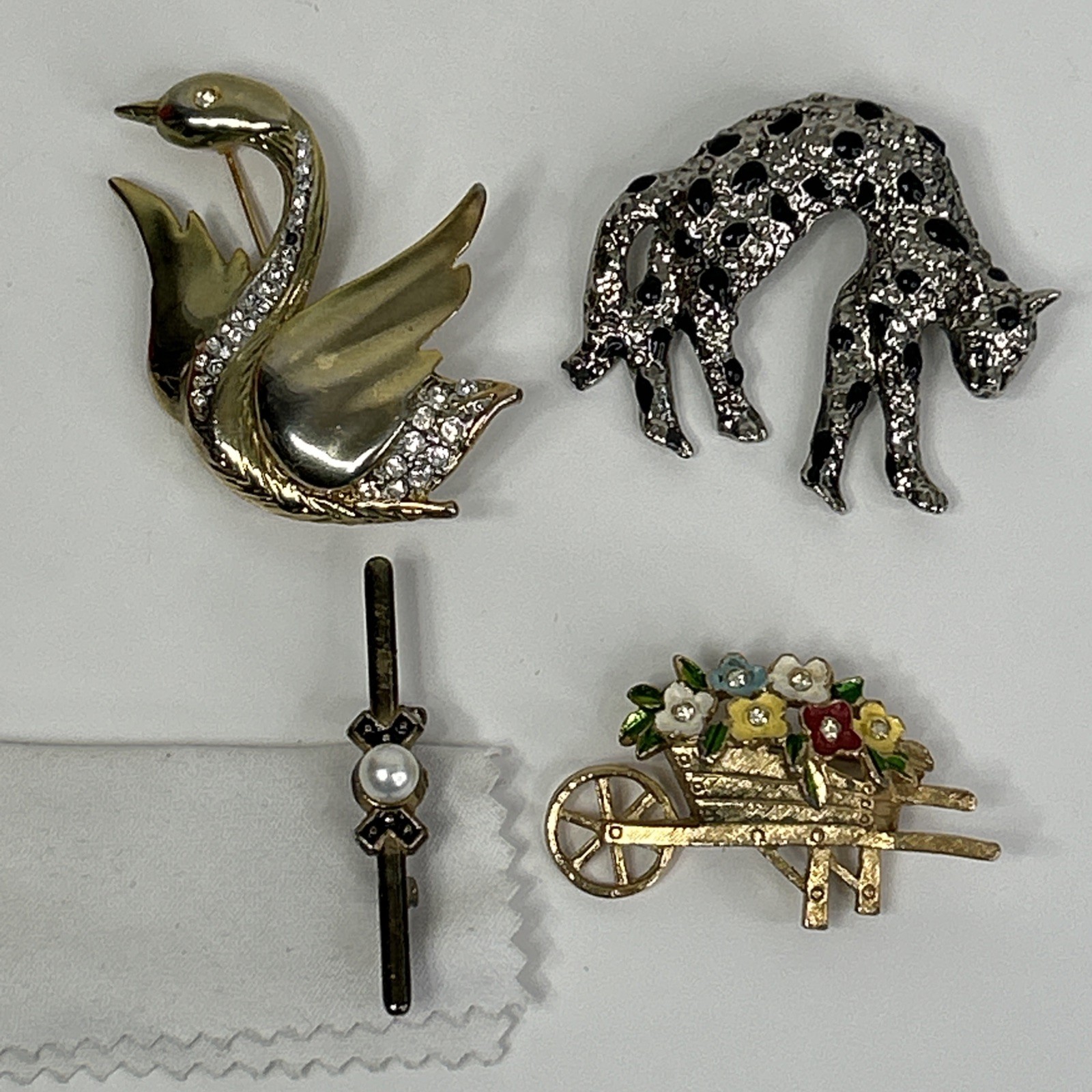 Brooch Pin Lot Swan Cat Leopard Wheelbarrow Flower Rhinestone Golden Silver READ
