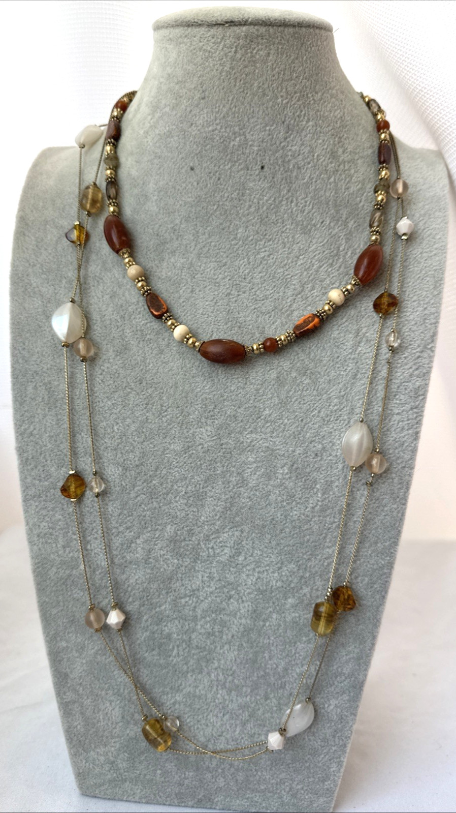 vtg *2 Necklaces Stack* Earthtones GOLD bead chain textured Jewelry Lot-1 signed