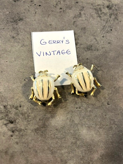 2 Egyptian Revival Beetle Brooch Gold Tone White Enamel Vintage Signed Gerrys