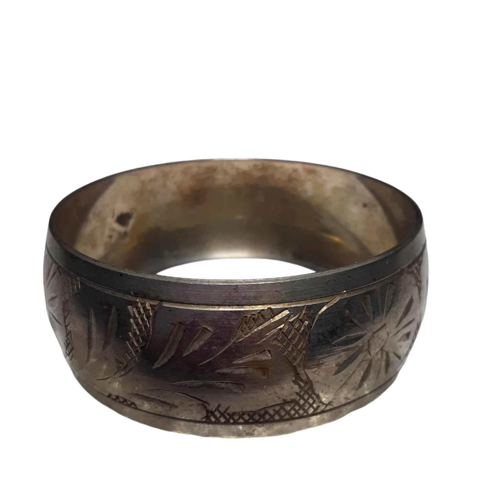 Vintage Etched Wide Bangle Bracelet Silver or Pewter1″ Tarnished