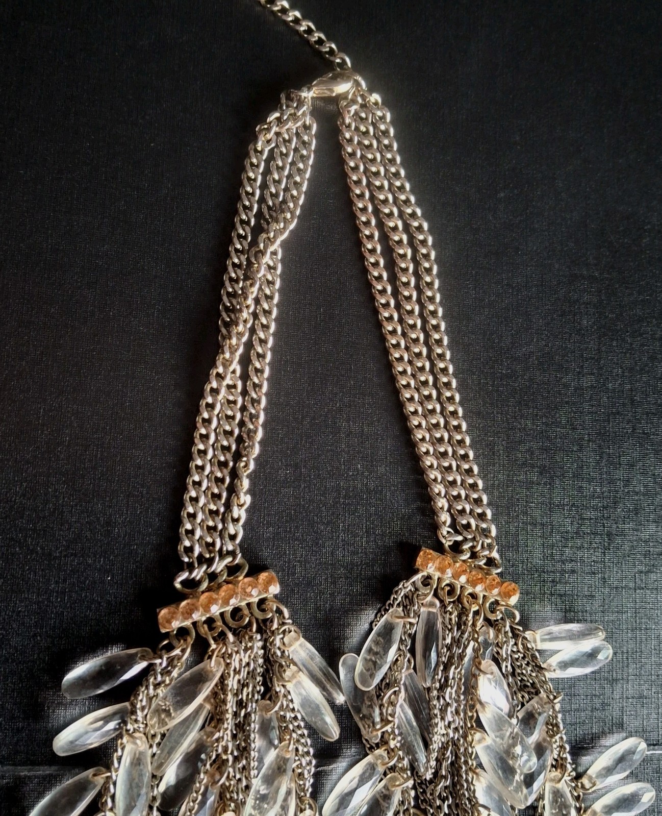 VTG Statement Bib Necklace Multi-Strand Fringe Featuring Clear Lucite Teardrops