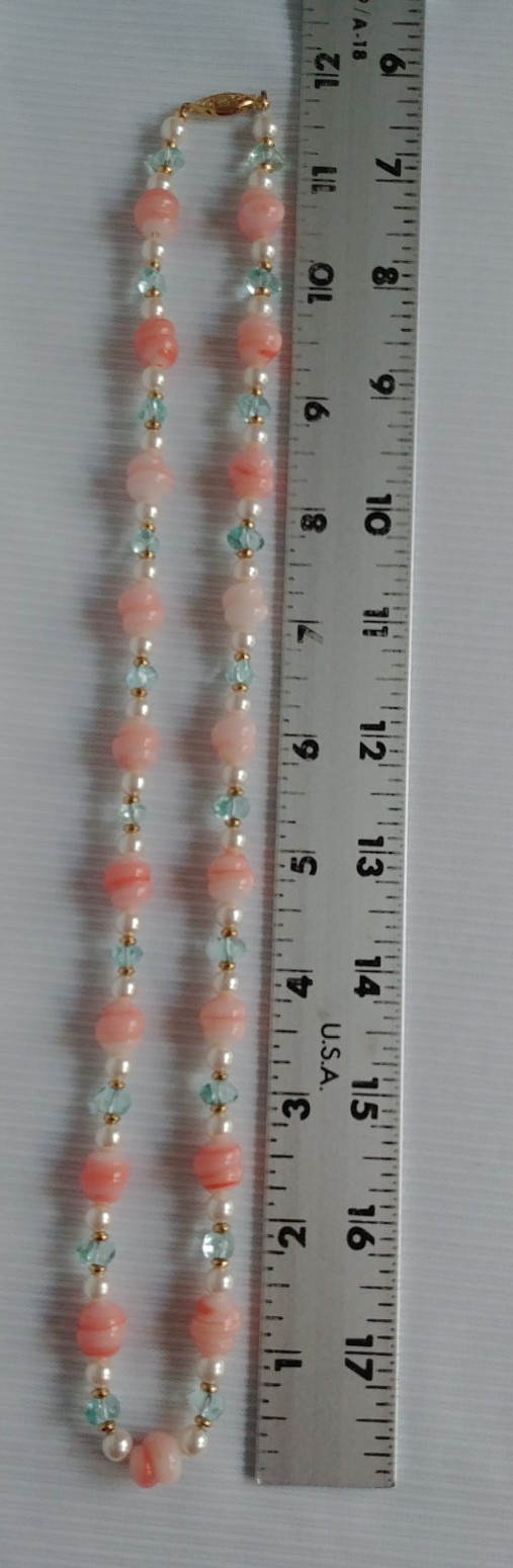 Vintage Pink & Blue Beaded Glass & Faux Pearl Pastel Colour 12″ Necklace