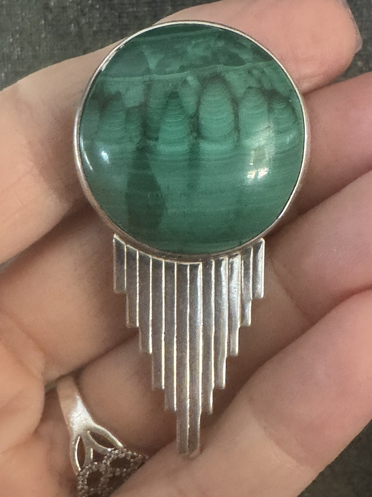Erickson Silversmith Art Deco / Modernist Malachite Sterling Silver Pin Brooch