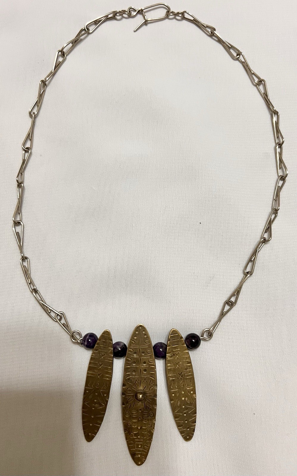 Abstract BRUTALIST Brass Metal AMETHYST BEAD PENDANT & Necklace Chain VINTAGE
