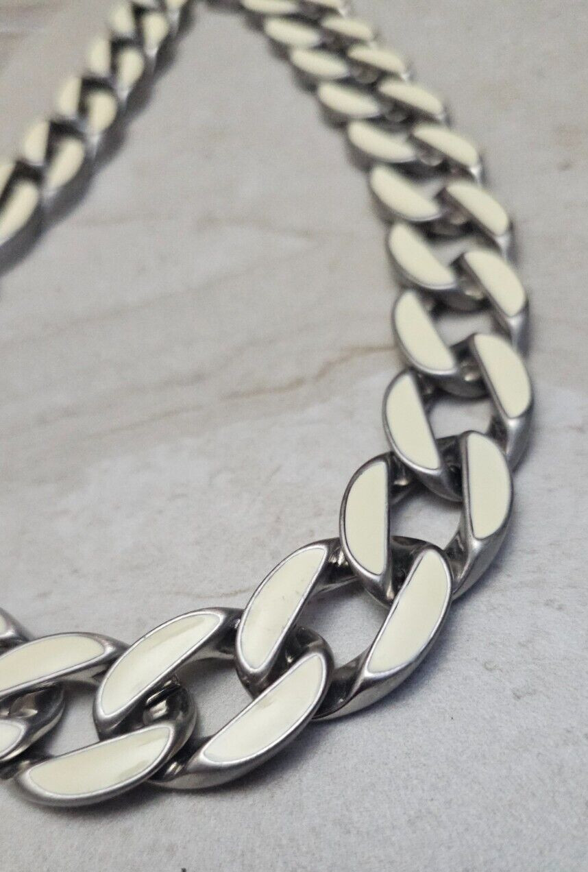 Vintage Silver tone White Enamel 3/4″ Wide link Necklace 19″