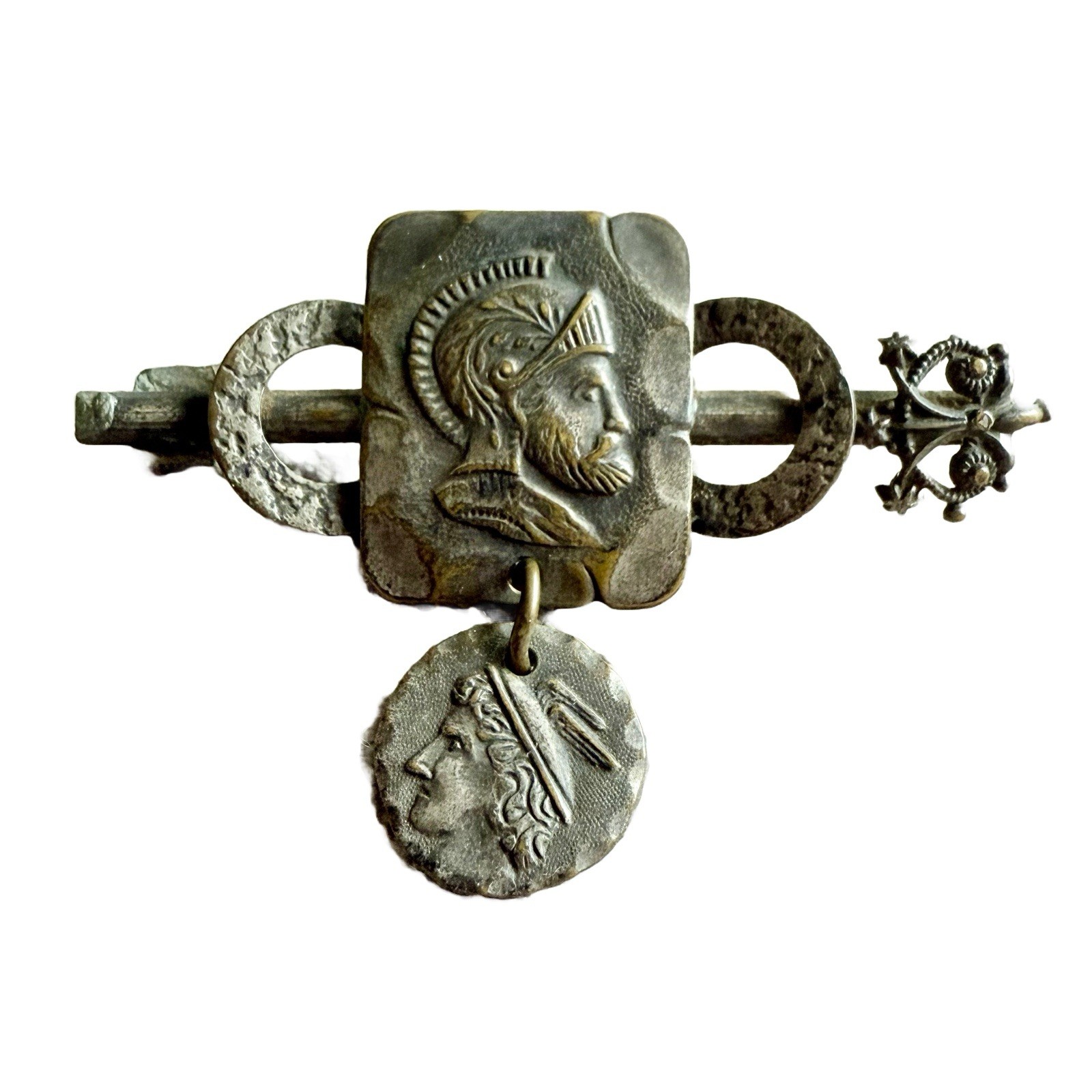 Vintage Greek Revival Warrior Coin Dangle Brooch & Single Earring Set