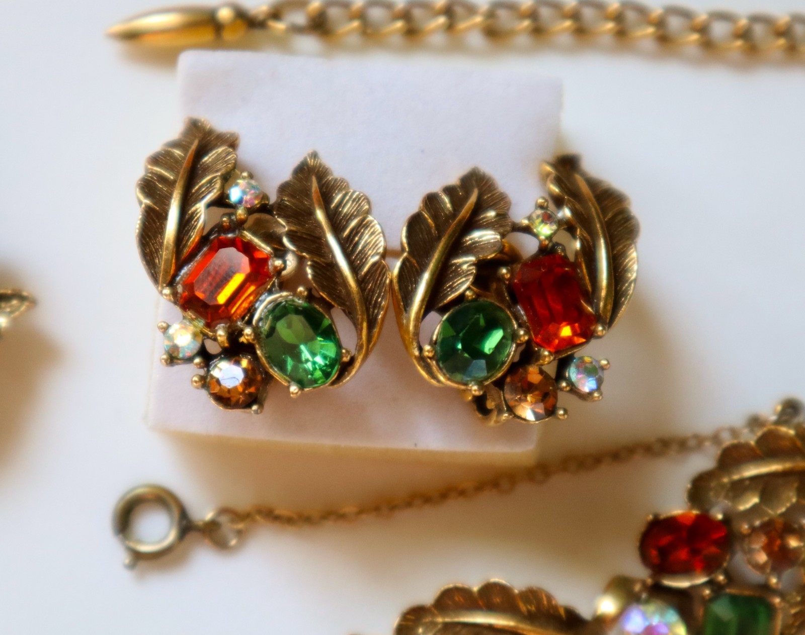 Vintage CORO PARURE Rhinestone Set Fall Colors Necklace Bracelet Earrings Brooch