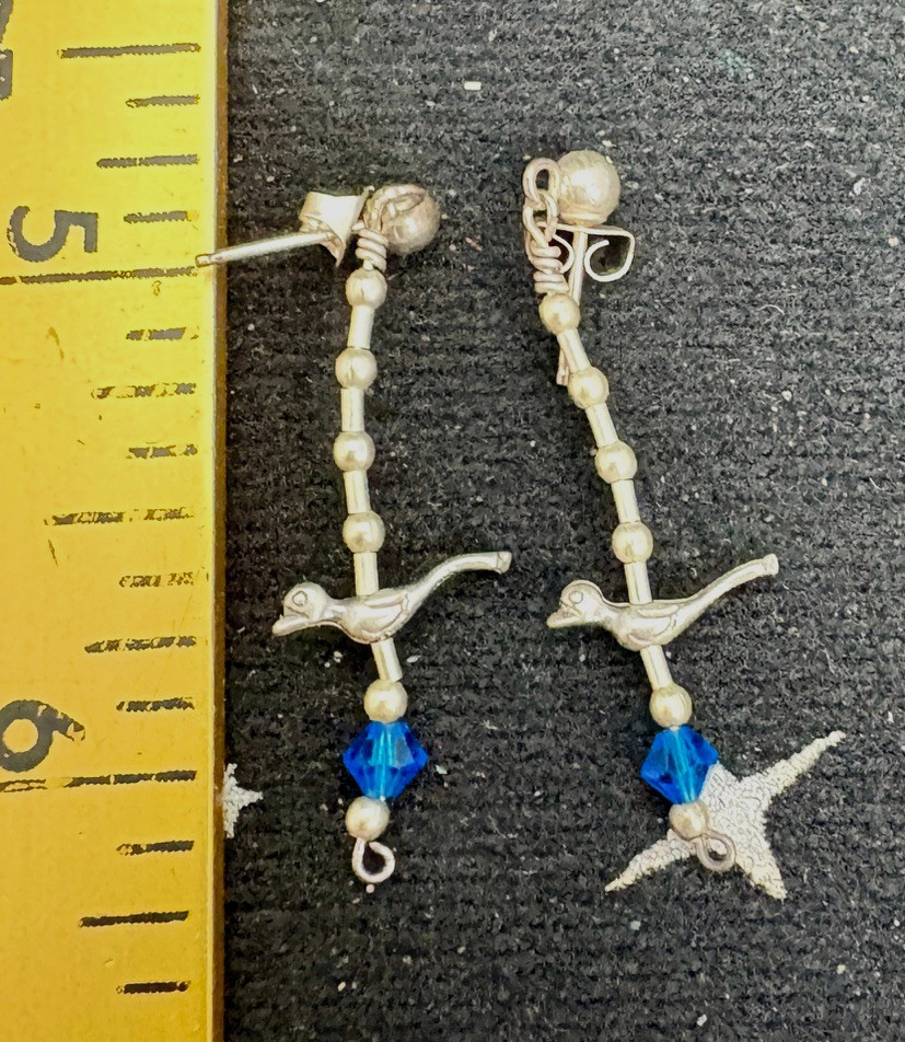 VTG Sterling Silver Earrings Dangle w/A Bird Charm & Blue Crystal Post 1.5″ 1.8G