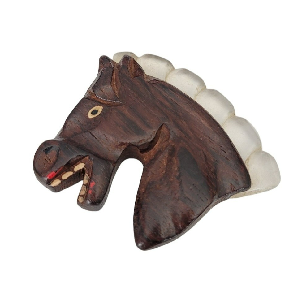Clear Lucite And Carved Wood Horse Head Brooch M154