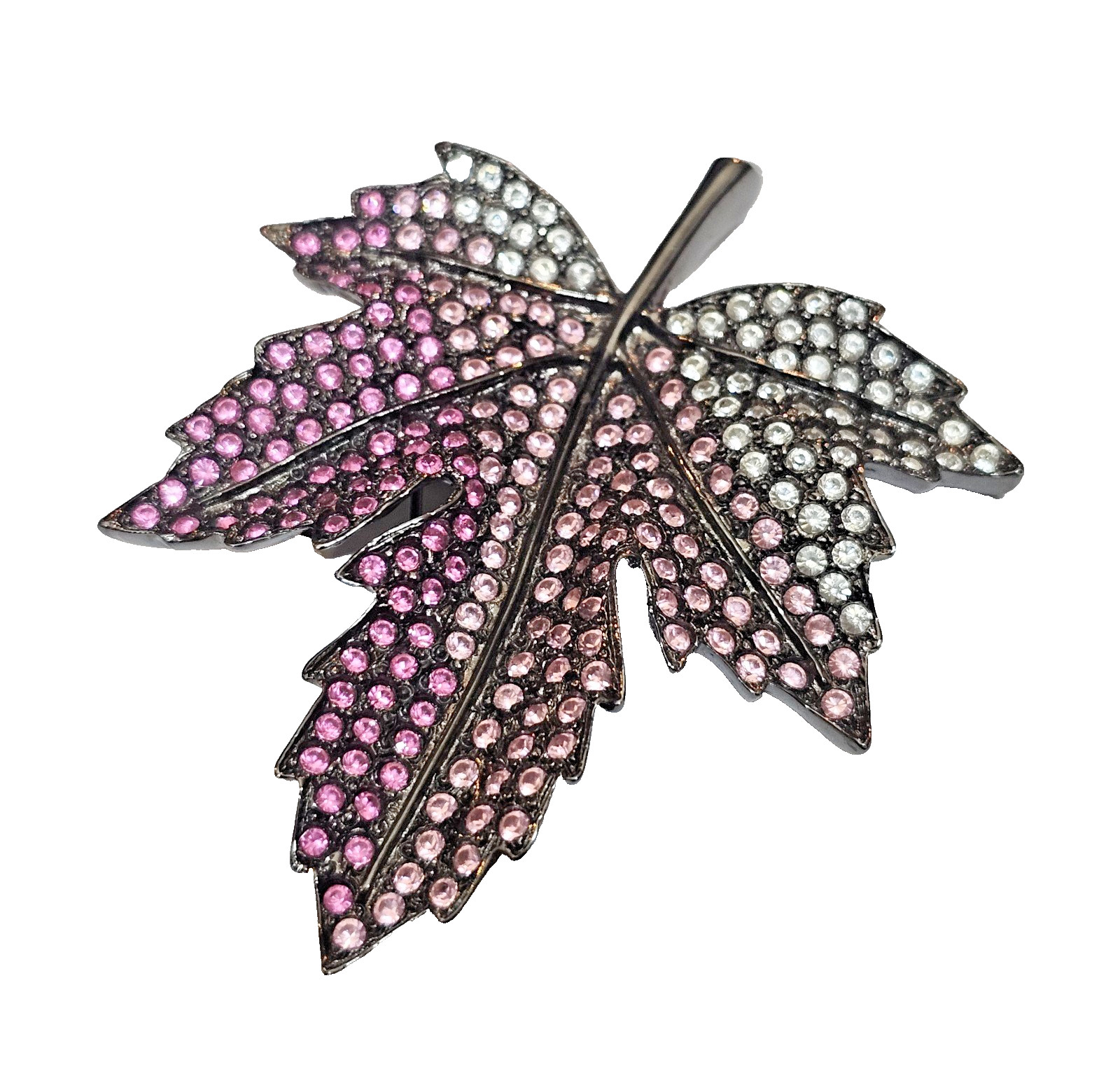 VTG KJL Kenneth Jay Lane Pink Ombre Gunmetal Gray Pave Maple Leaf Brooch Pin