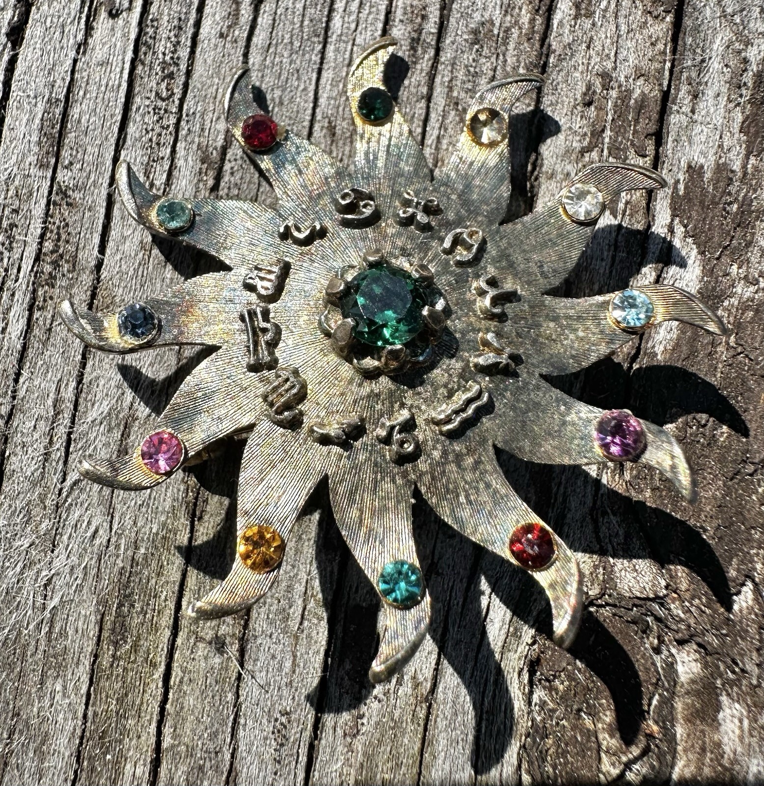 VTG Sterling Silver Brooch Sun Astrology Zodiac Birthstones Pin Month May Stone
