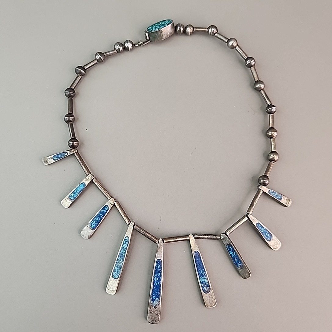 Vintage Mexican Necklace Sterling Silver Turquoise Chip Inlay Fringe Eagle 2