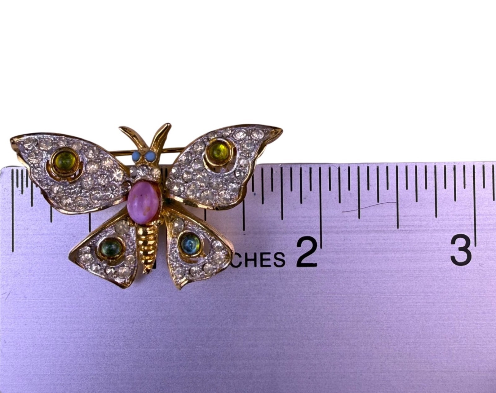 Gold Tone Women Gold & Pink Butterfly Rhinestone Brooch With Cabochon Stone