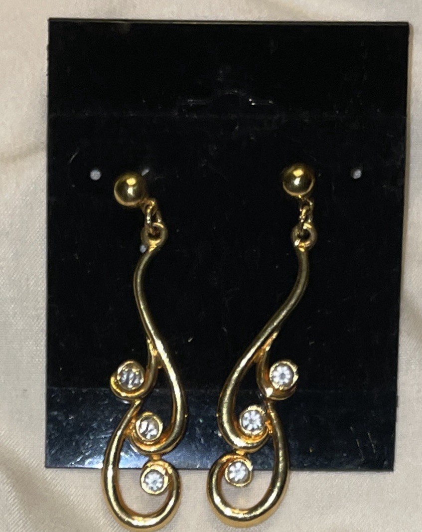 Gold-Tone Scroll Rhinestone Dangle Drop Post Earrings 2”
